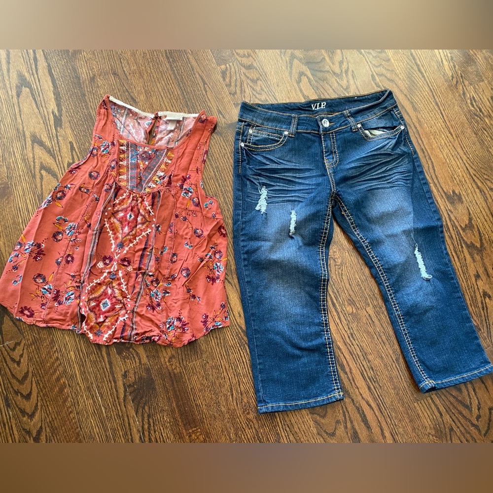 VIP 13 14 Stretch Blue Jeans Capri Knox Rose L Floral Blouse Top Outfit Lot Set